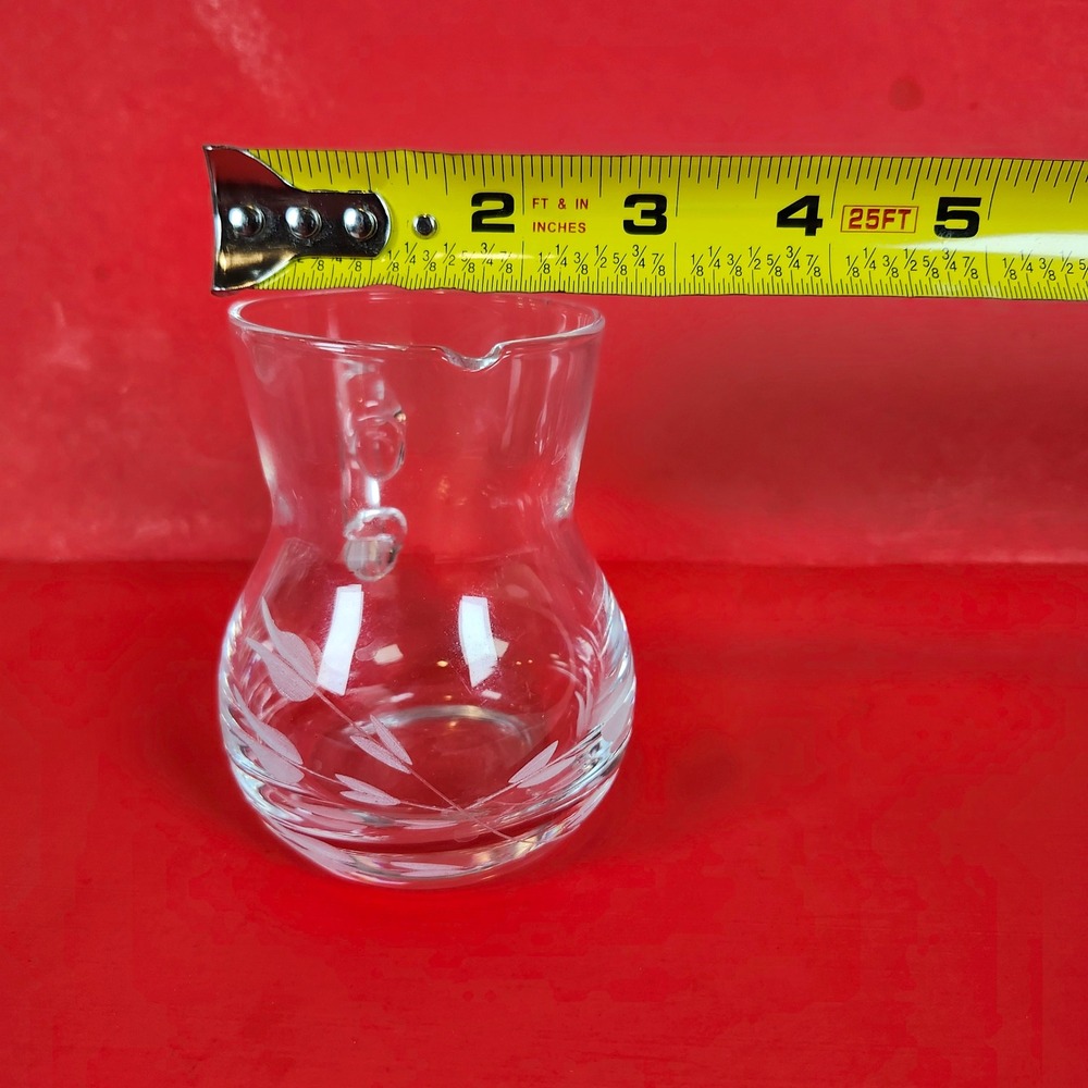 Vintage Etched Glass Creamer Pitcher‎ Floral Design Footed Small